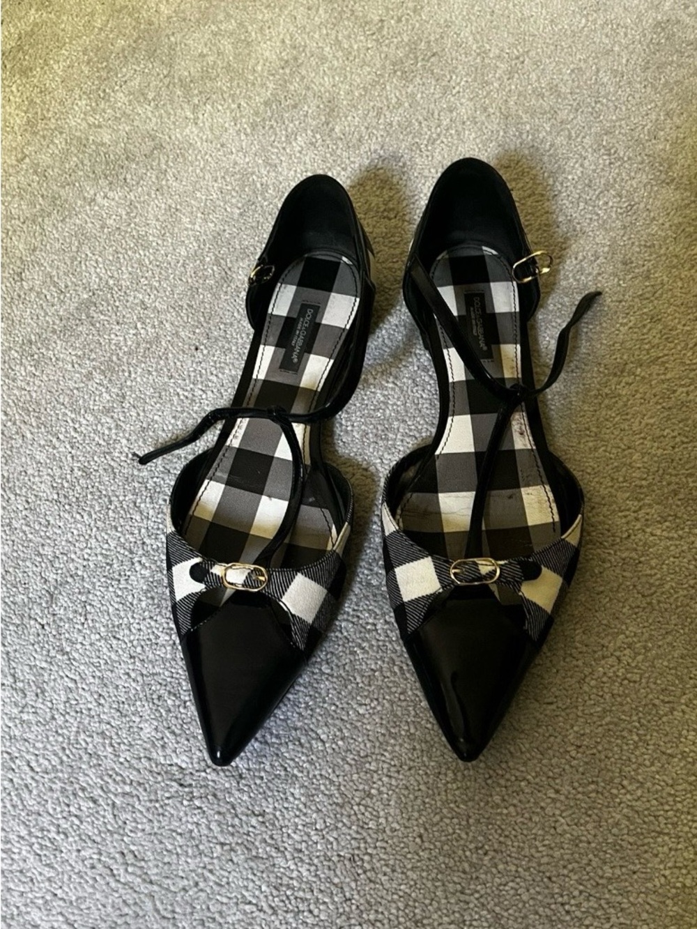 Dolce & Gabbana Black and White Plaid Pointed Slingback Flats - Picture 2 of 7